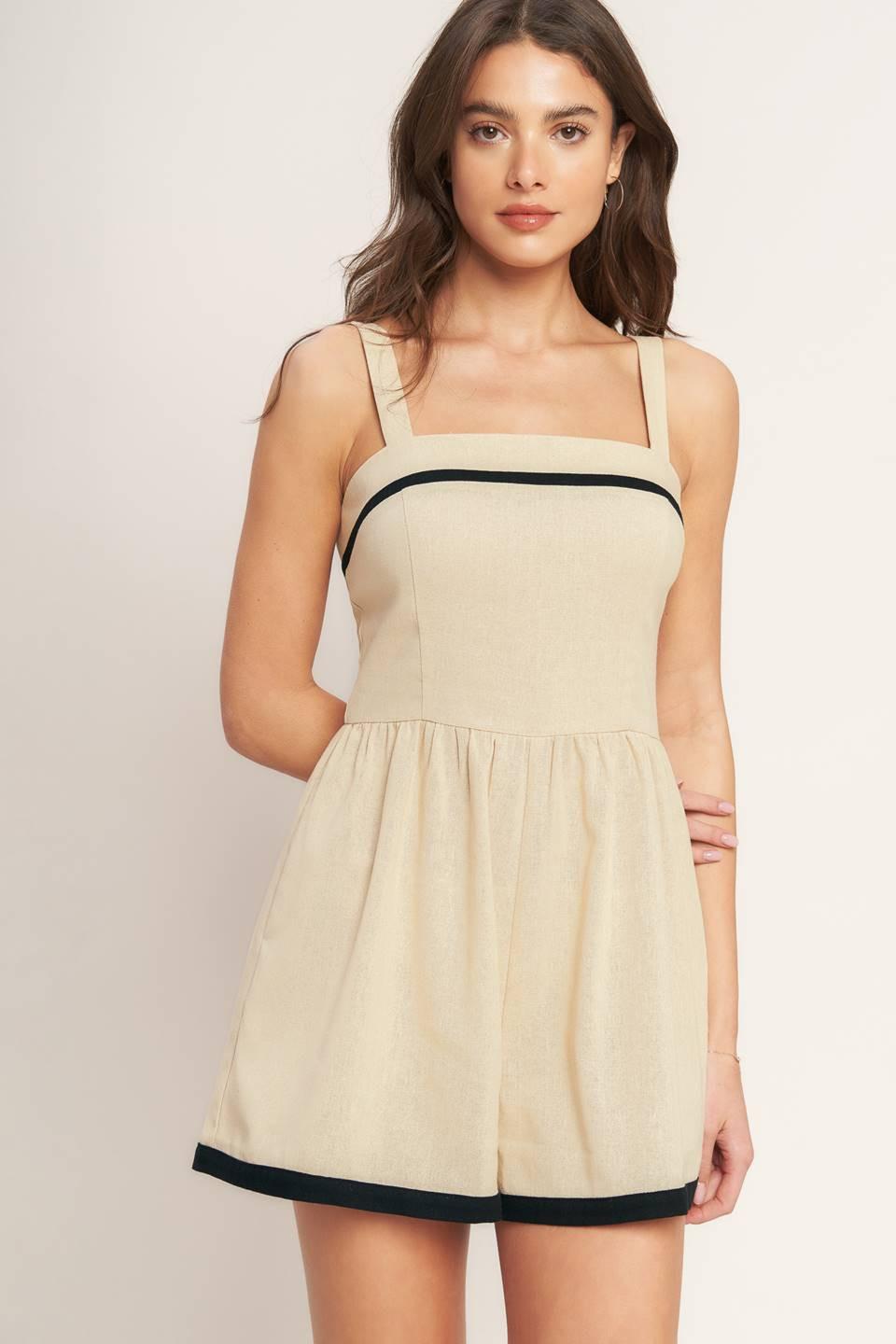 Lovely Line Woven Romper in taupe, view 6 — Soul Flow Apparel