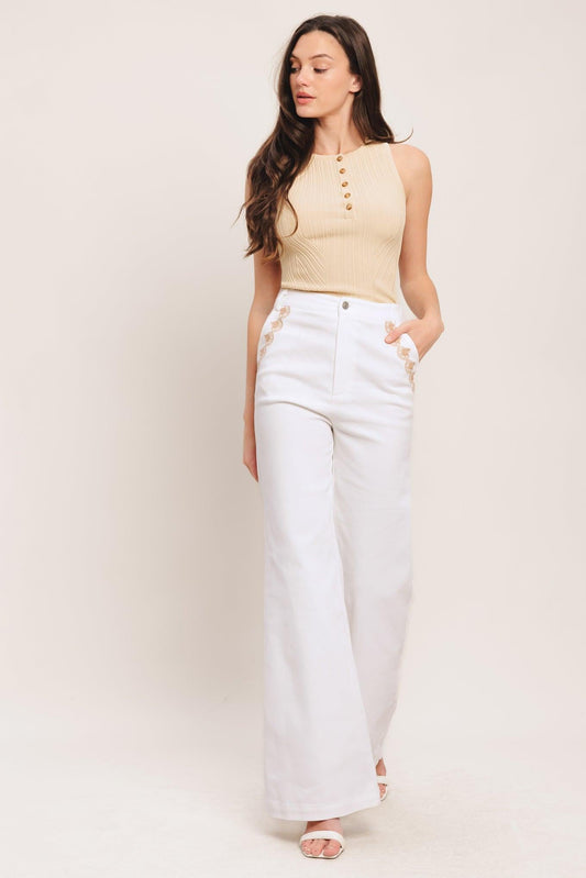 Open Road White Woven Pants in denim, view 1 — Soul Flow Apparel