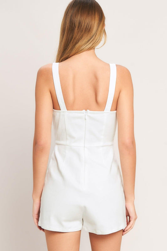 First Date Woven Skort Romper in white denim, view 2 — Soul Flow Apparel
