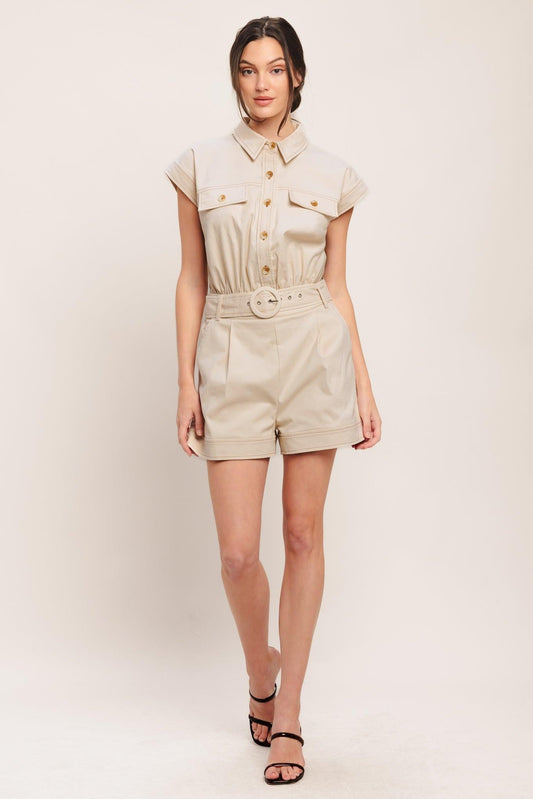 Everyday Utility Woven Romper in taupe, view 1 — Soul Flow Apparel