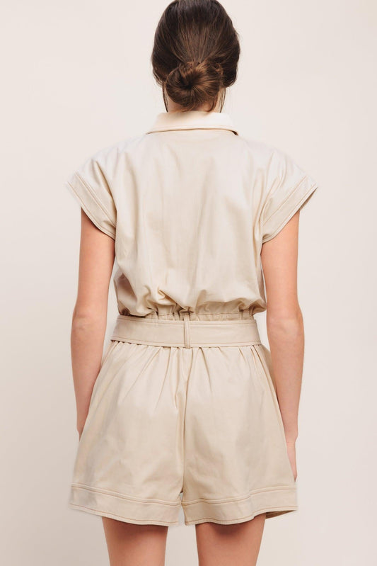 Everyday Utility Woven Romper in taupe, view 3 — Soul Flow Apparel
