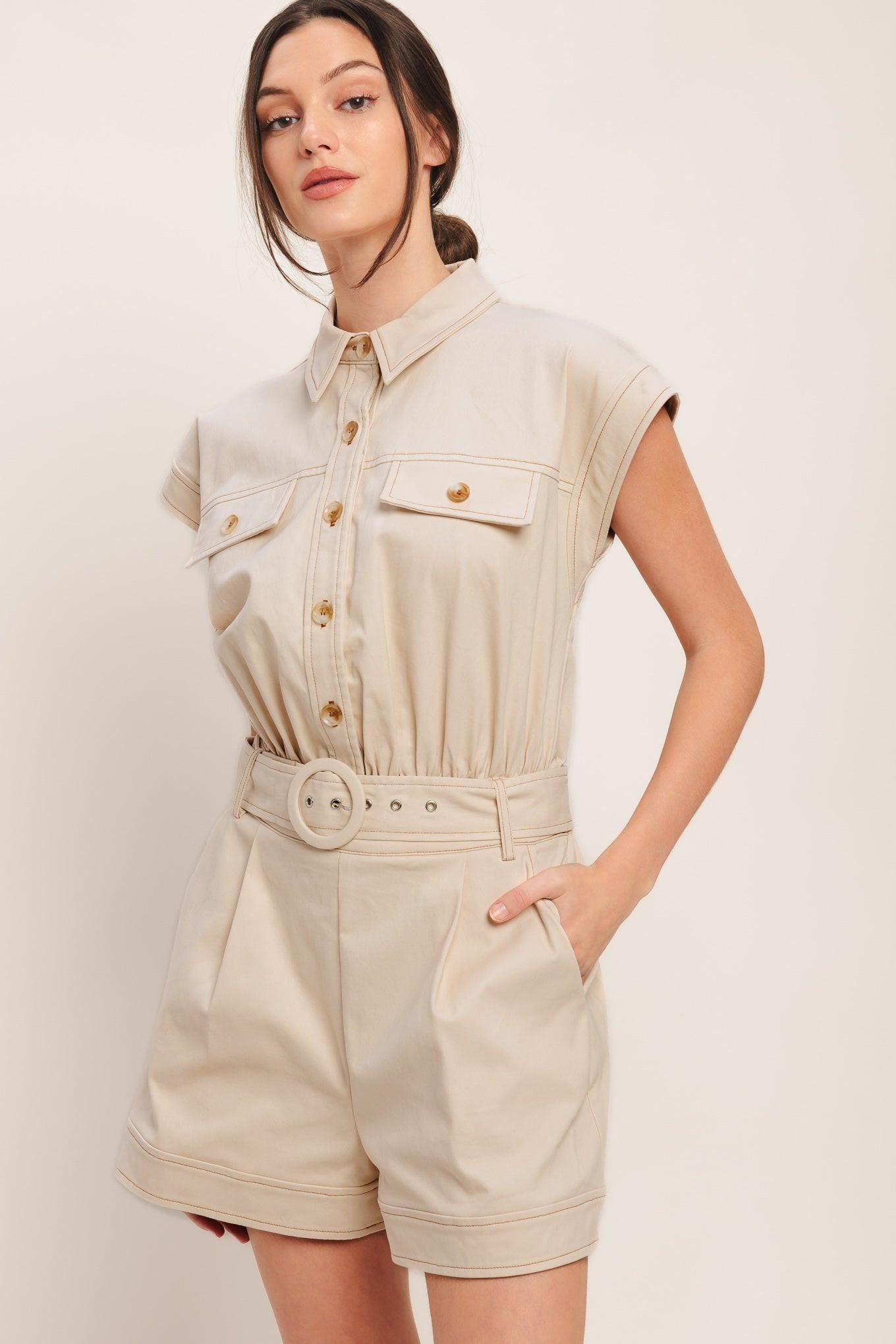 Everyday Utility Woven Romper in taupe, view 4 — Soul Flow Apparel