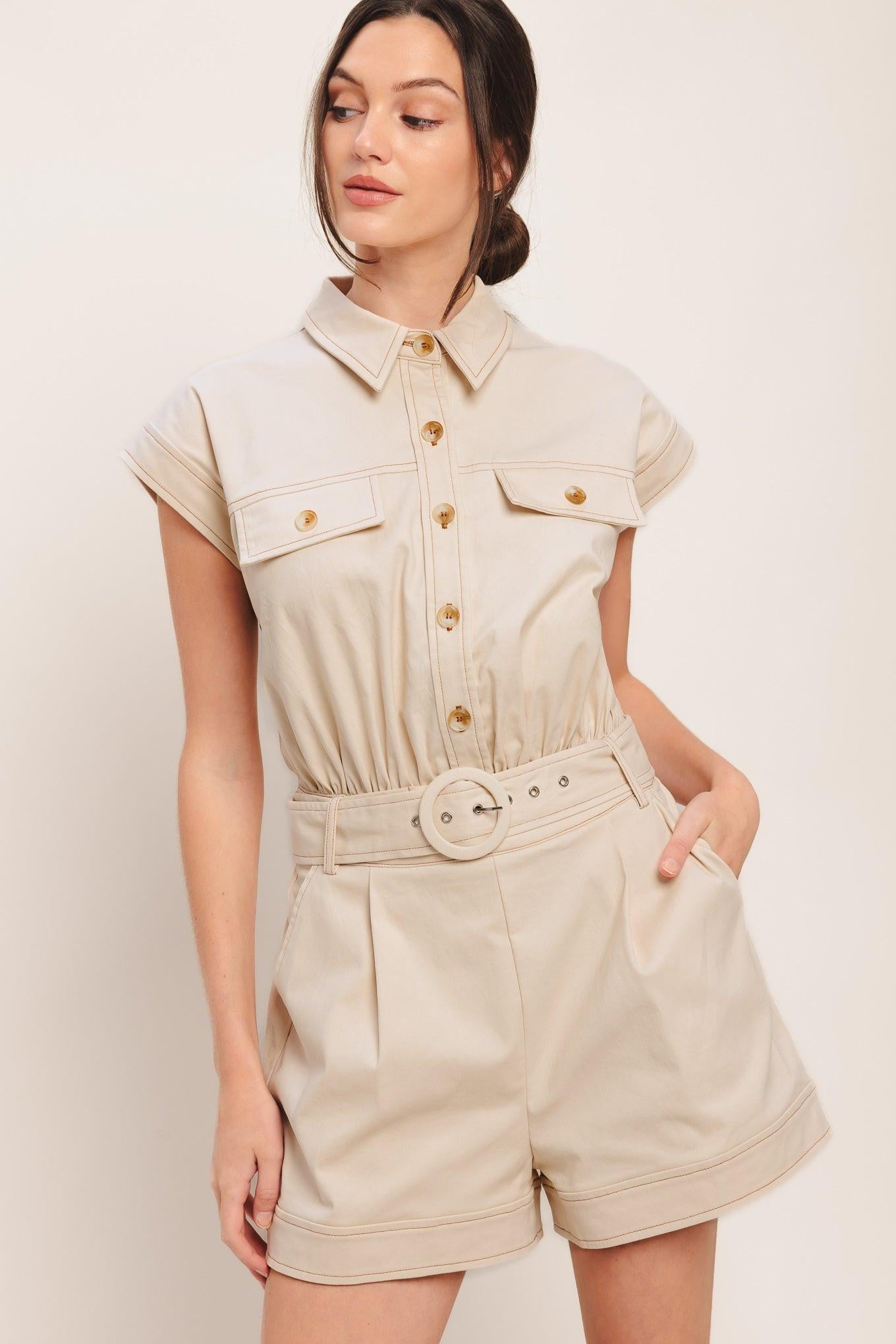 Everyday Utility Woven Romper in taupe, view 5 — Soul Flow Apparel