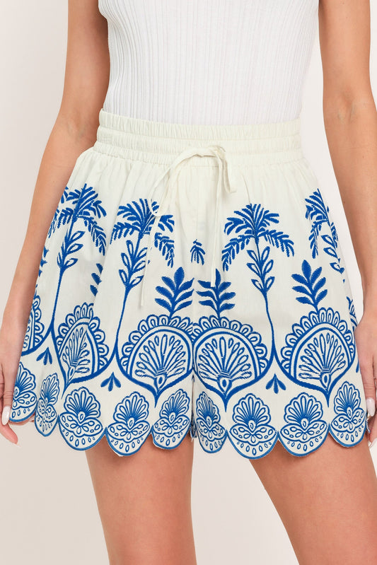 Coastline Palm Woven Shorts in ivory blue, view 1 — Soul Flow Apparel