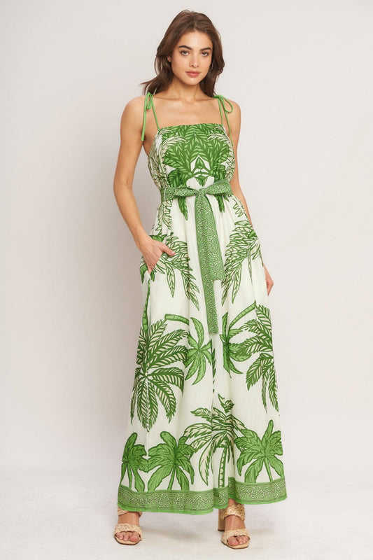 Palm Luxe Woven Jumpsuit in ivory green, view 1 — Soul Flow Apparel