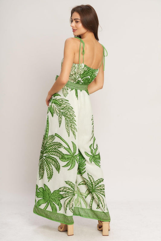 Palm Luxe Woven Jumpsuit in ivory green, view 4 — Soul Flow Apparel