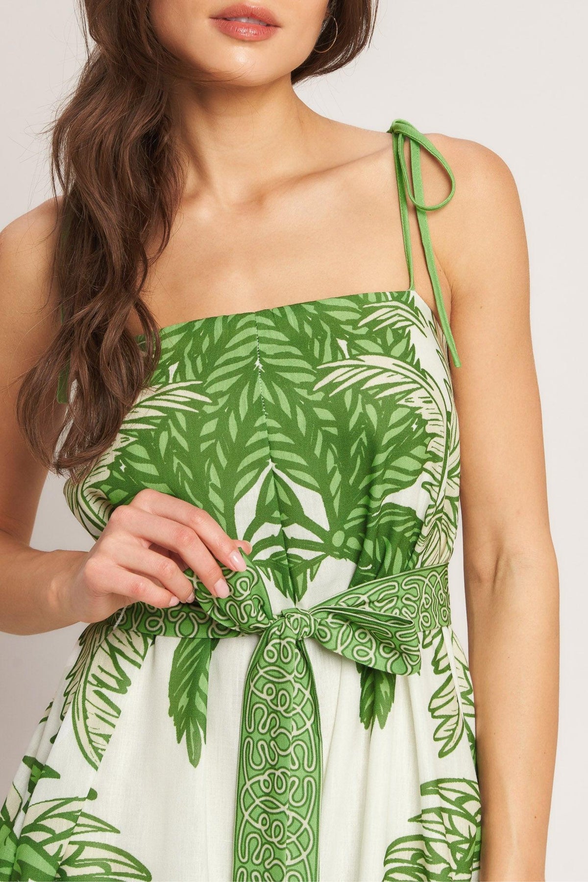 Palm Luxe Woven Jumpsuit in ivory green, view 5 — Soul Flow Apparel