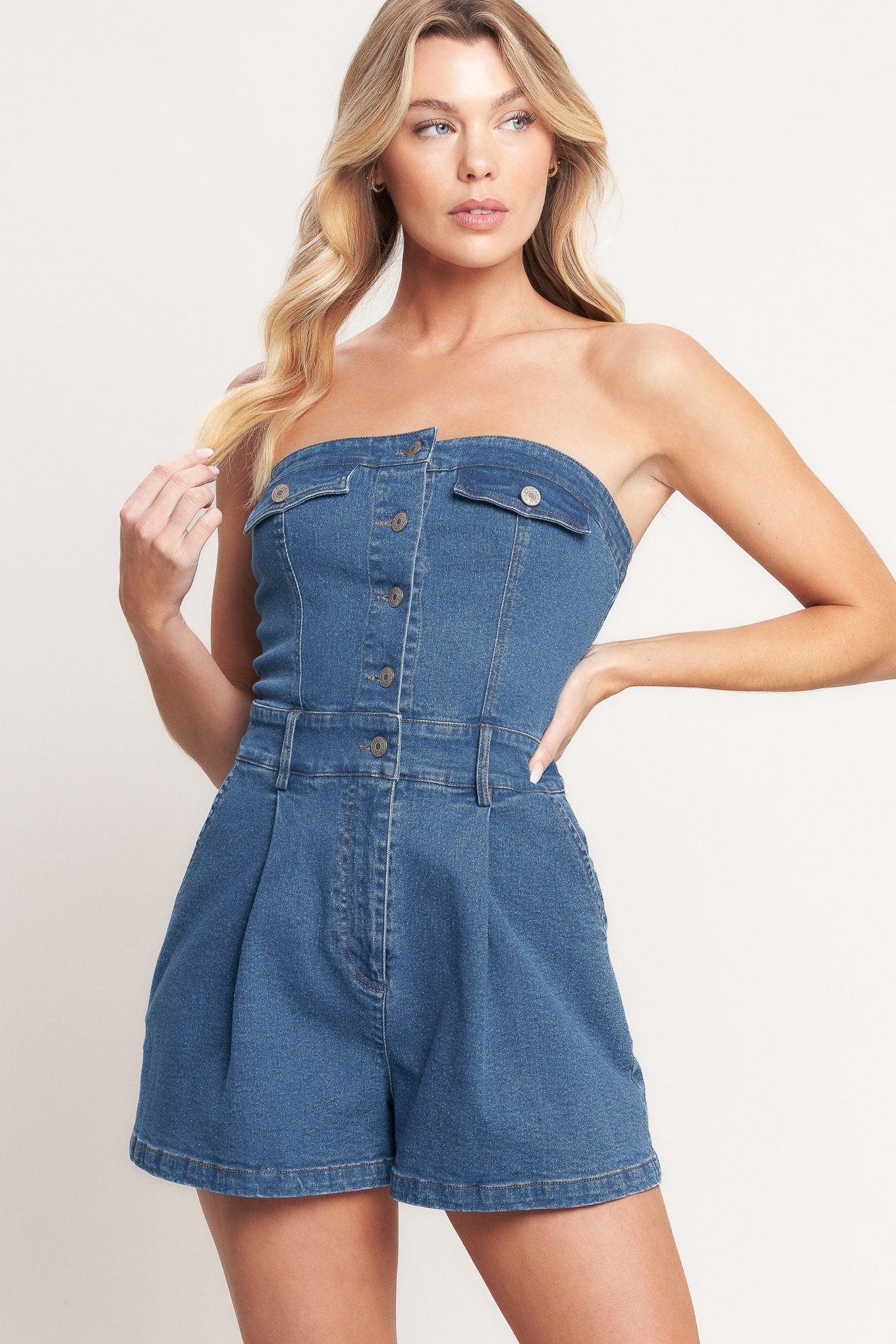 Weekend Crush Denim Romper in medium indigo, view 2 — Soul Flow Apparel