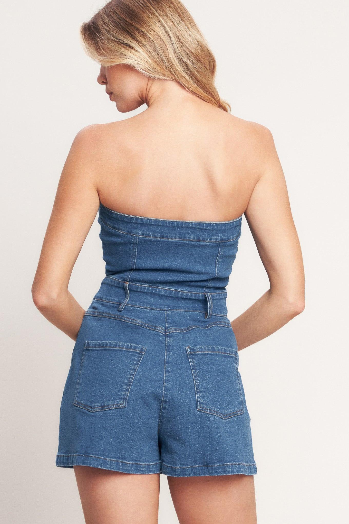 Weekend Crush Denim Romper in medium indigo, view 3 — Soul Flow Apparel