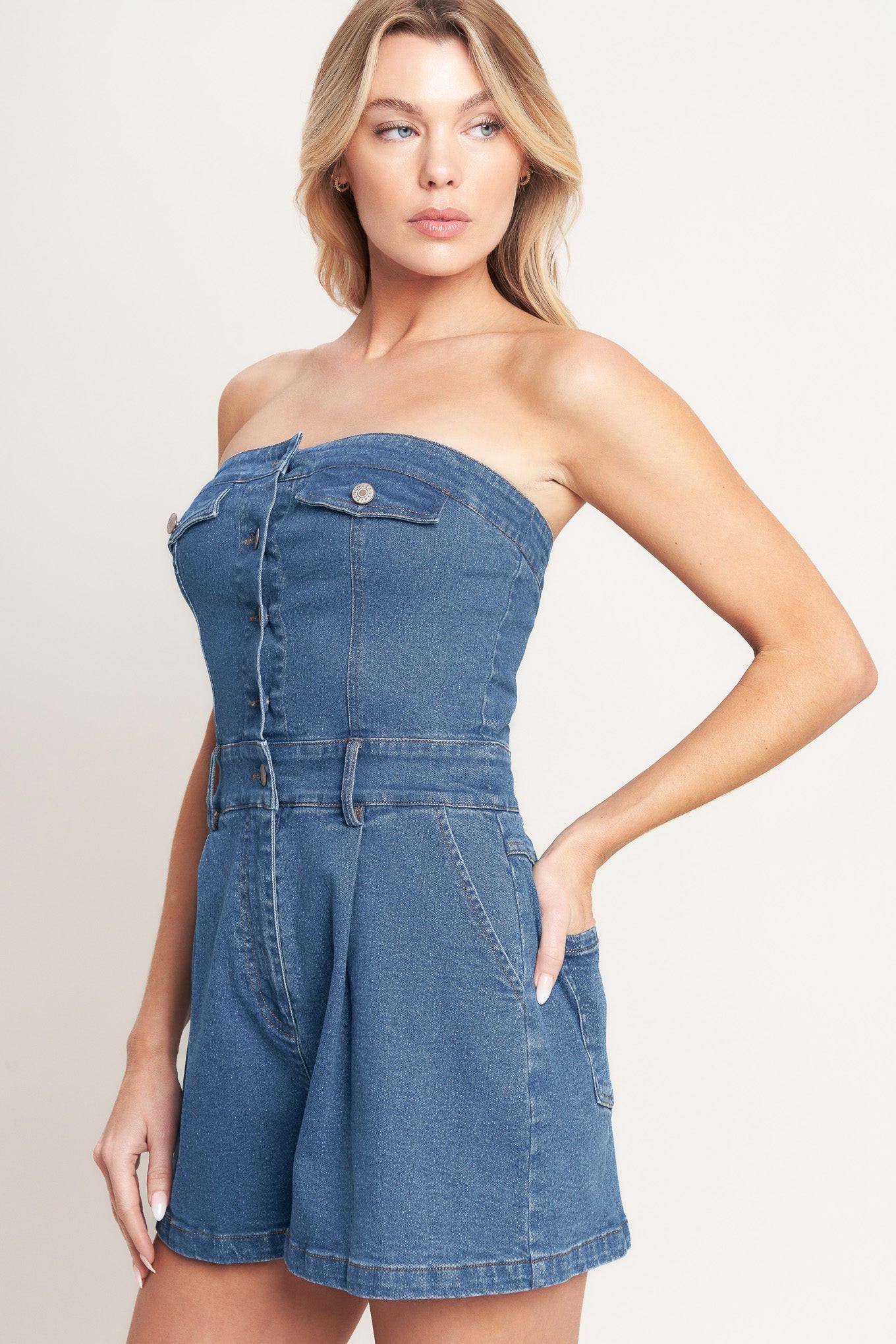 Weekend Crush Denim Romper in medium indigo, view 4 — Soul Flow Apparel