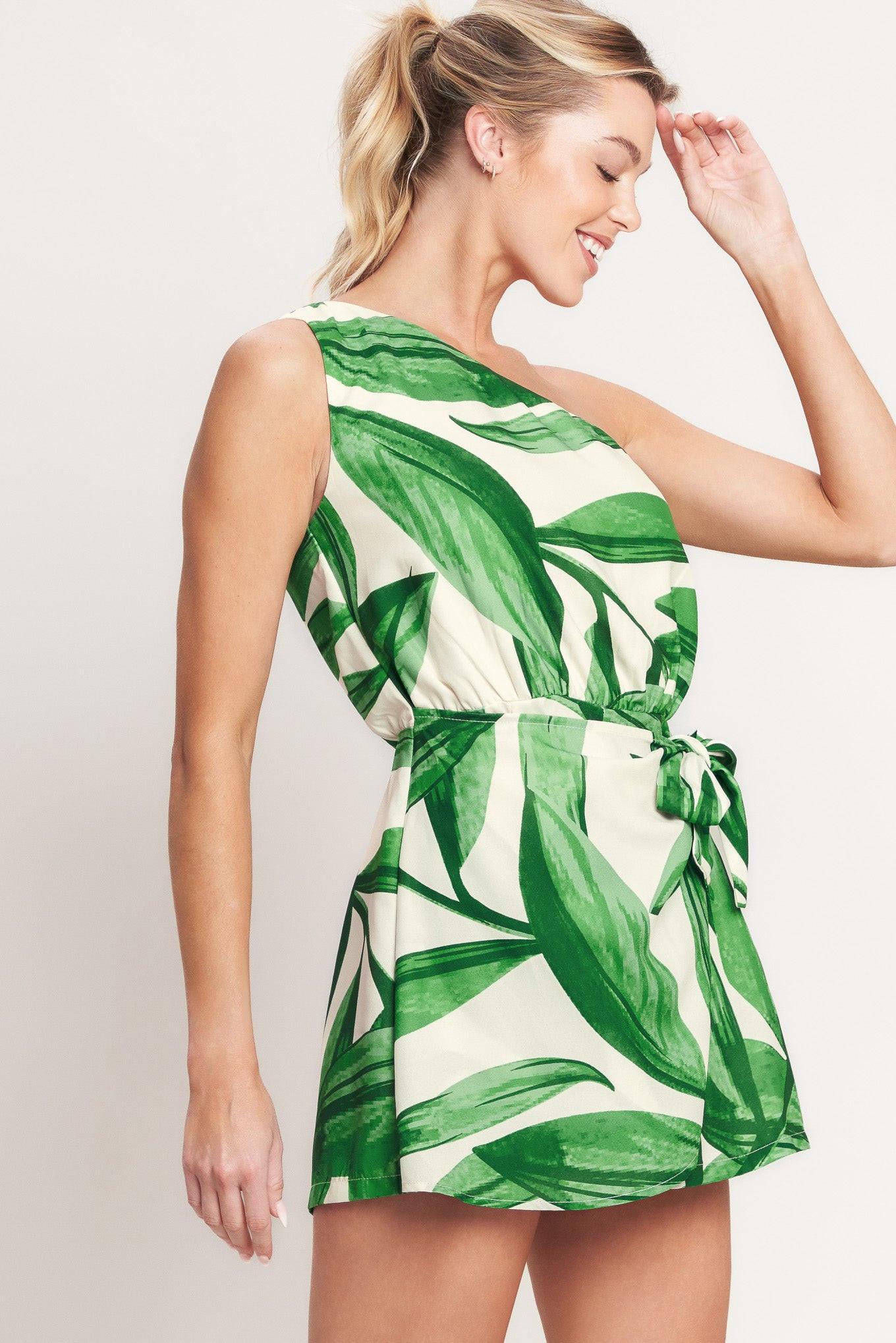 Leafy Love Story Woven Skort Romper in ivory green, view 5 — Soul Flow Apparel