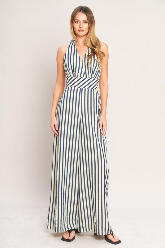 Nautical Breeze Stripe Woven Jumpsuit in ivory navy, view 1 — Soul Flow Apparel