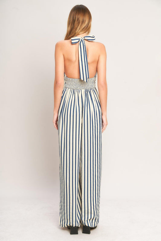 Nautical Breeze Stripe Woven Jumpsuit in ivory navy, view 3 — Soul Flow Apparel
