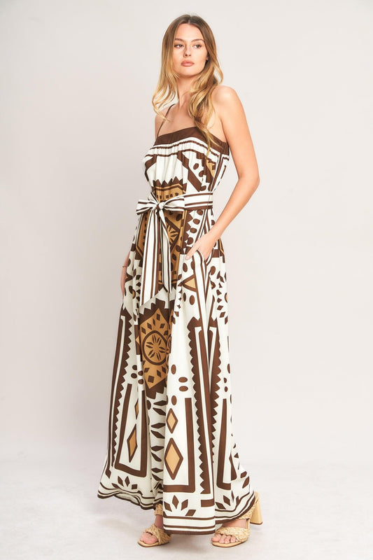 Earthy Elegance Boho Woven Jumpsuit in brown ivory, view 3 — Soul Flow Apparel