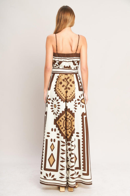 Earthy Elegance Boho Woven Jumpsuit in brown ivory, view 5 — Soul Flow Apparel