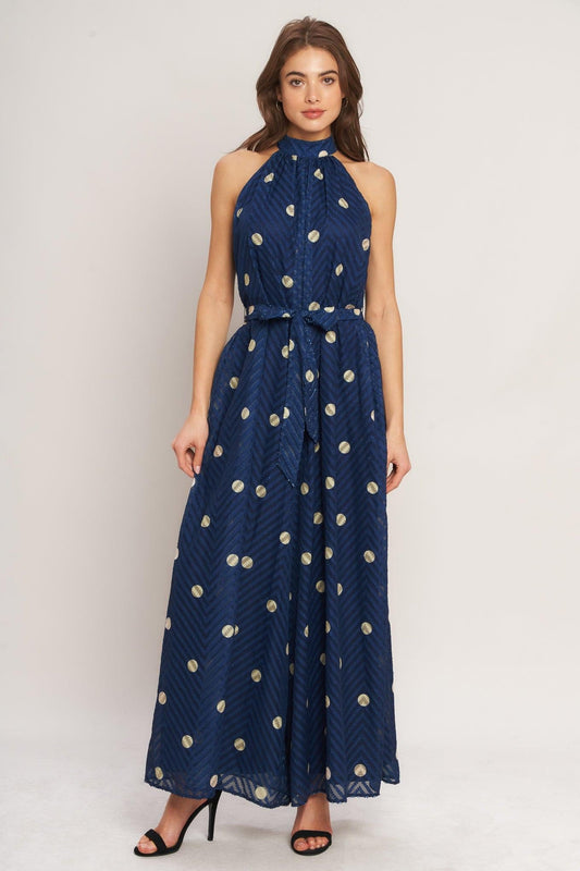 Nightfall Muse Woven Jumpsuit in navy taupe, view 1 — Soul Flow Apparel