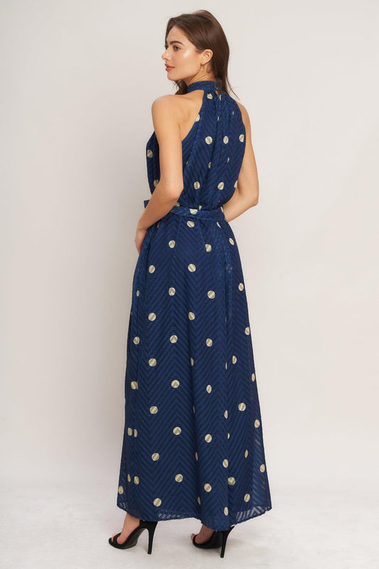 Nightfall Muse Woven Jumpsuit in navy taupe, view 5 — Soul Flow Apparel