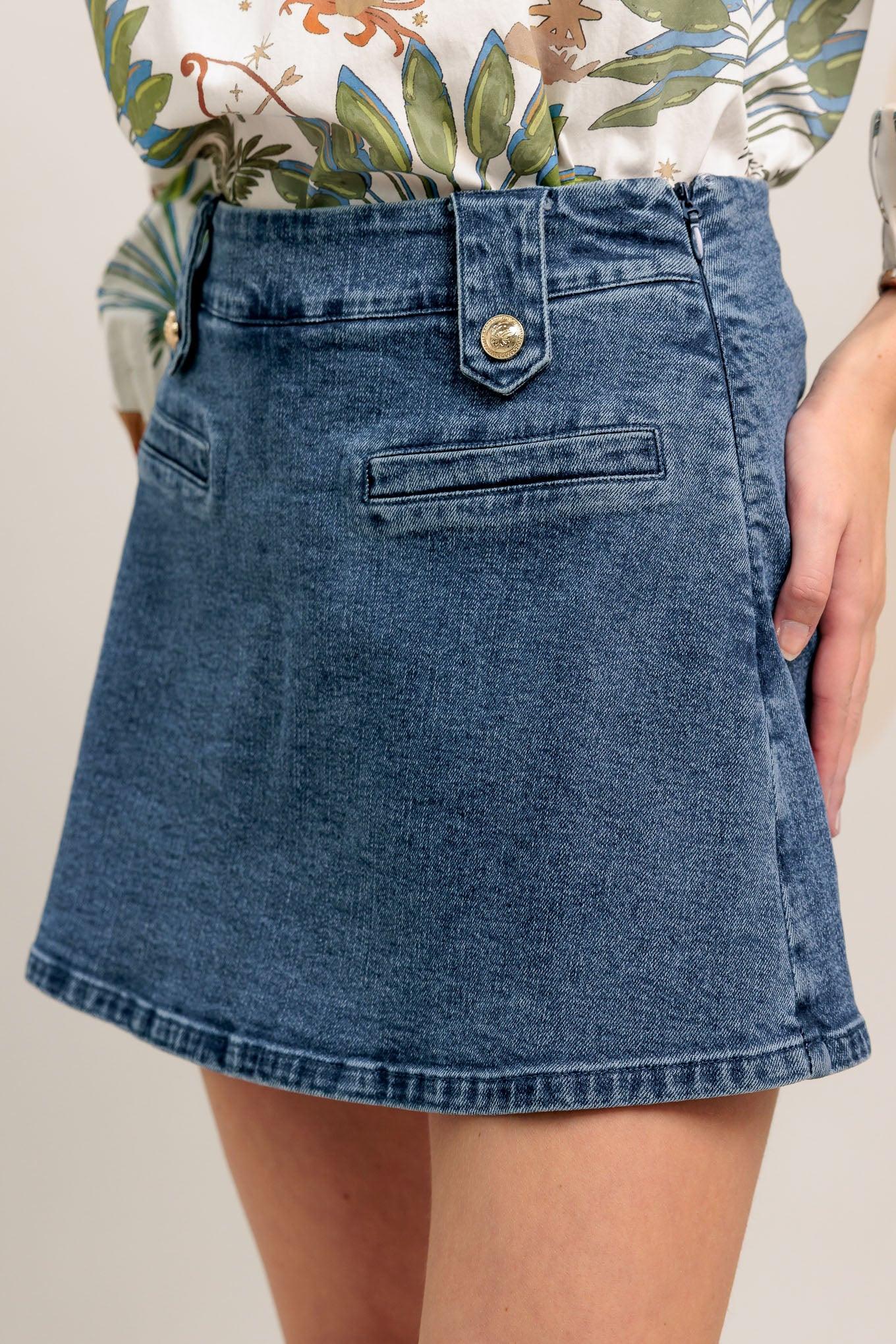 Heart Eyes Denim Skort in medium indigo, view 1 — Soul Flow Apparel