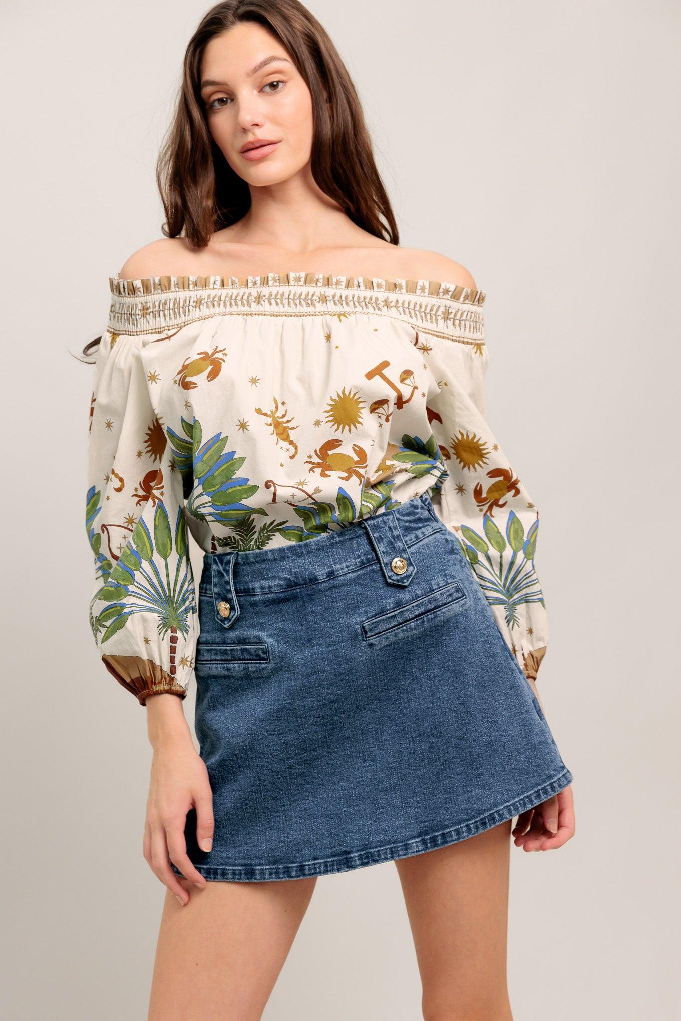 Heart Eyes Denim Skort in medium indigo, view 2 — Soul Flow Apparel
