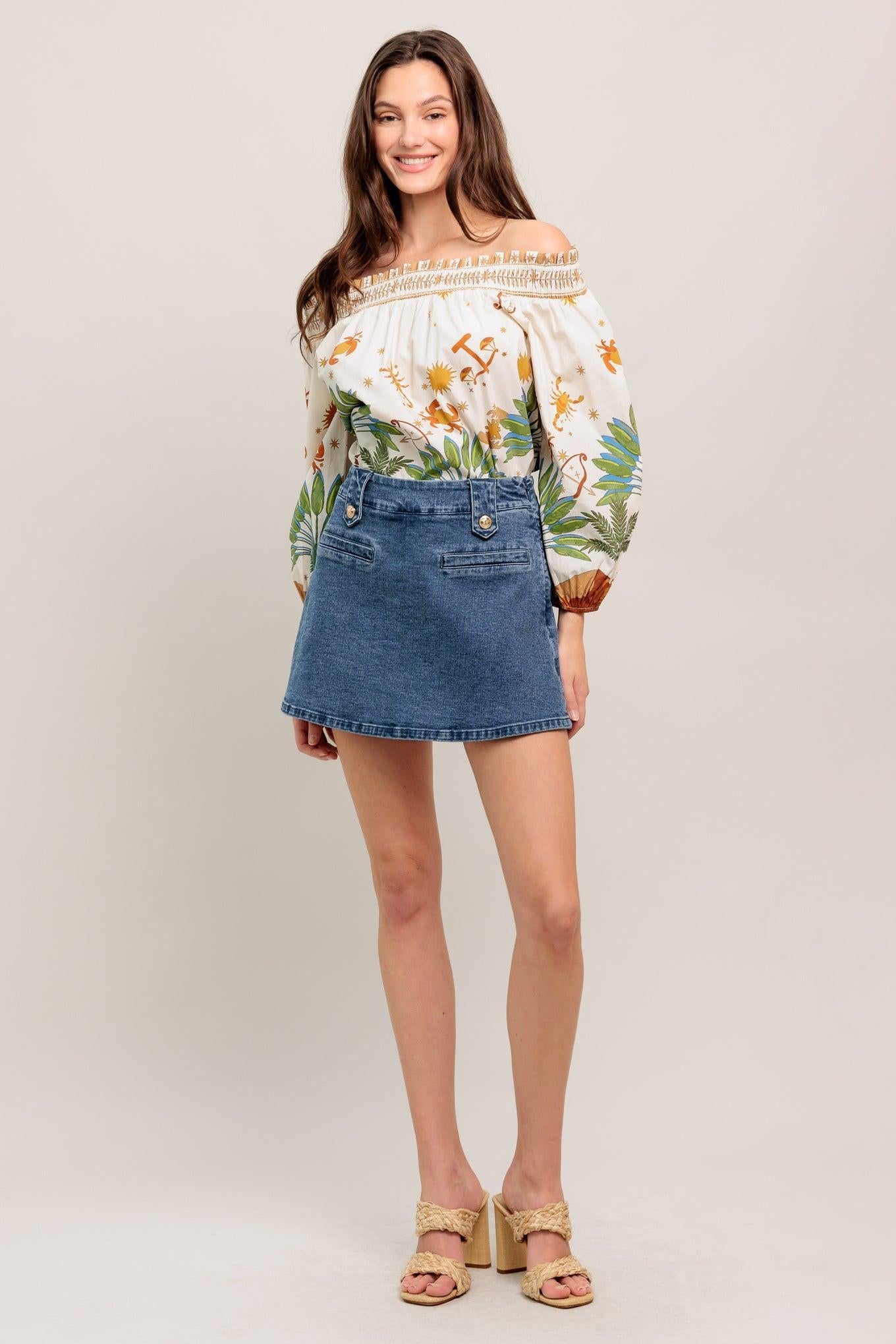 Heart Eyes Denim Skort in medium indigo, view 3 — Soul Flow Apparel