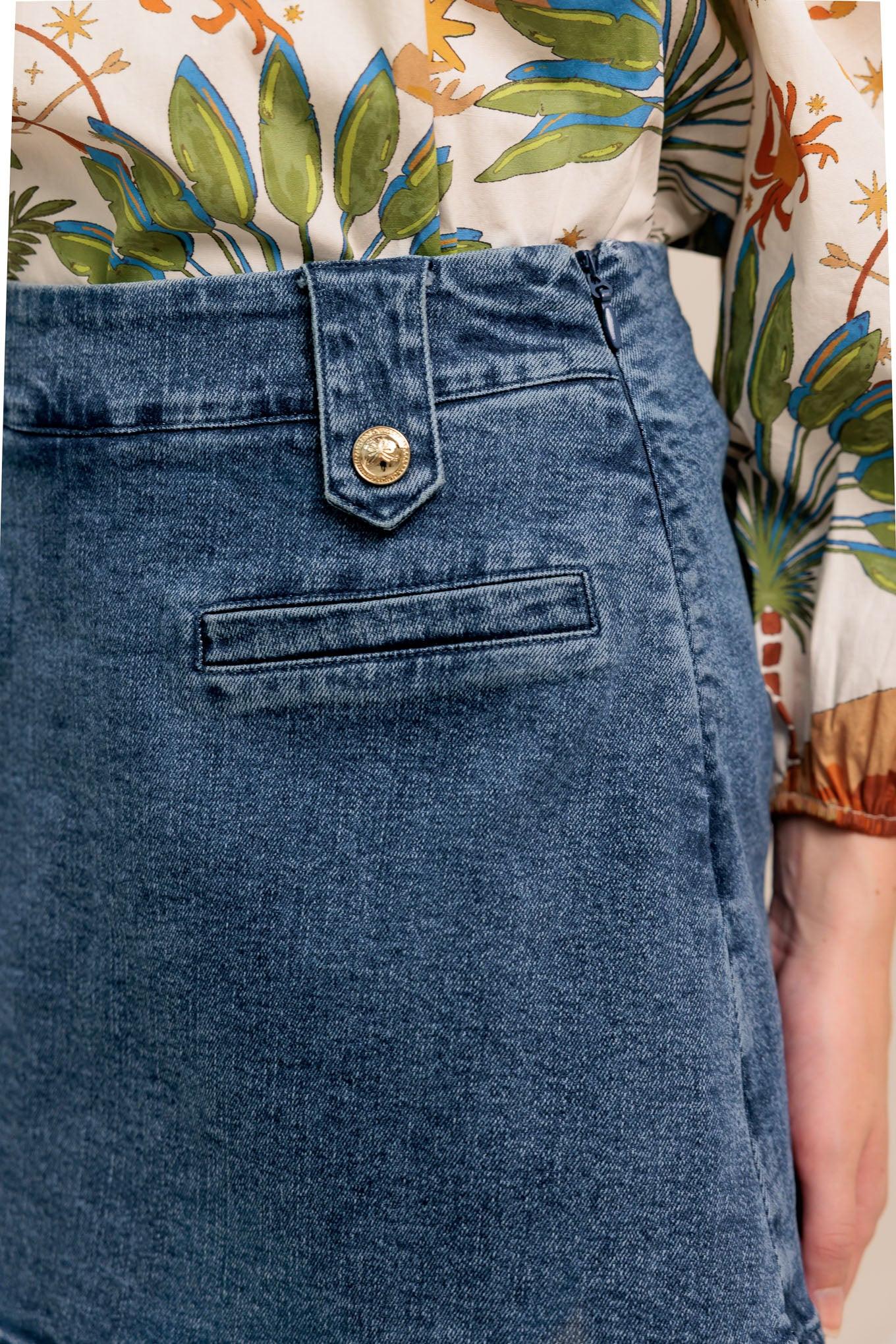 Heart Eyes Denim Skort in medium indigo, view 5 — Soul Flow Apparel