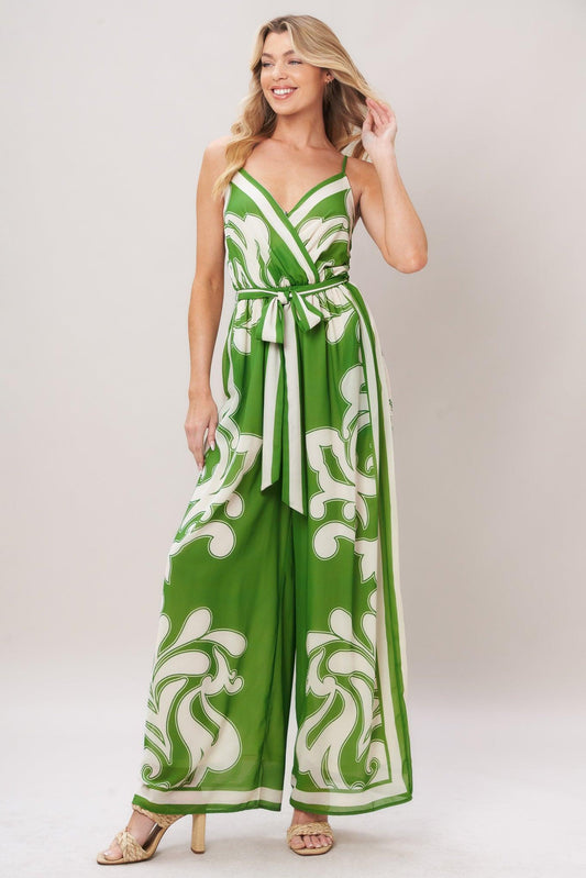 Palazzo Muse Woven Jumpsuit in green ivory, view 1 — Soul Flow Apparel