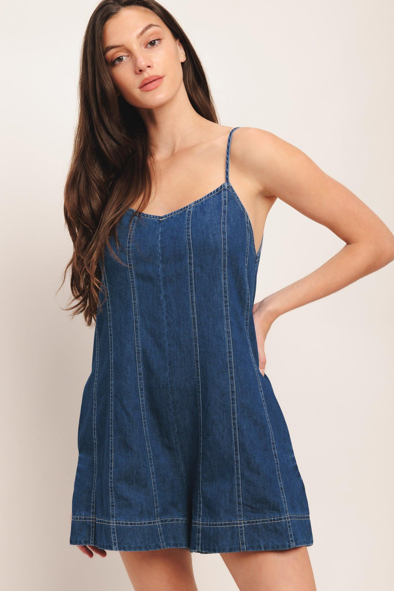 Frontier Flirt Lightweight Denim Romper in medium indigo, view 3 — Soul Flow Apparel