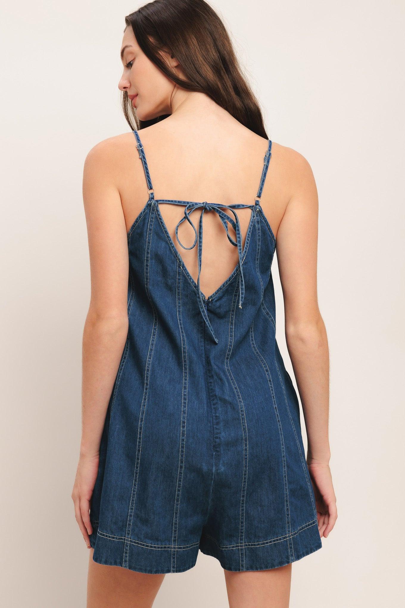 Frontier Flirt Lightweight Denim Romper in medium indigo, view 7 — Soul Flow Apparel