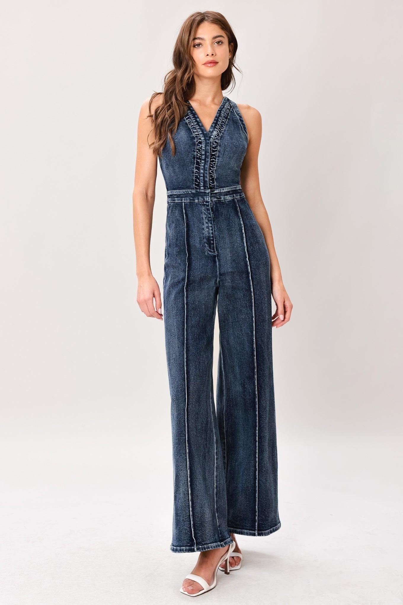 Cool Structure Denim Jumpsuit in dark indigo, view 1 — Soul Flow Apparel