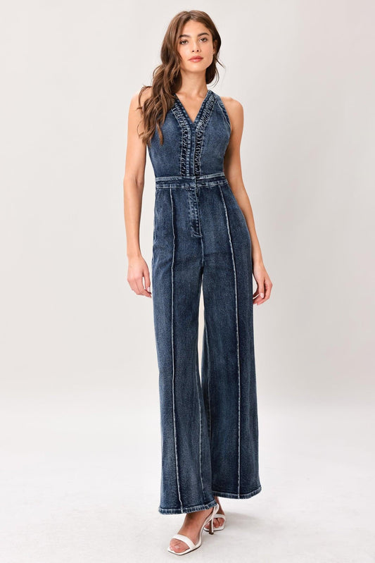 Cool Structure Denim Jumpsuit in dark indigo, view 1 — Soul Flow Apparel