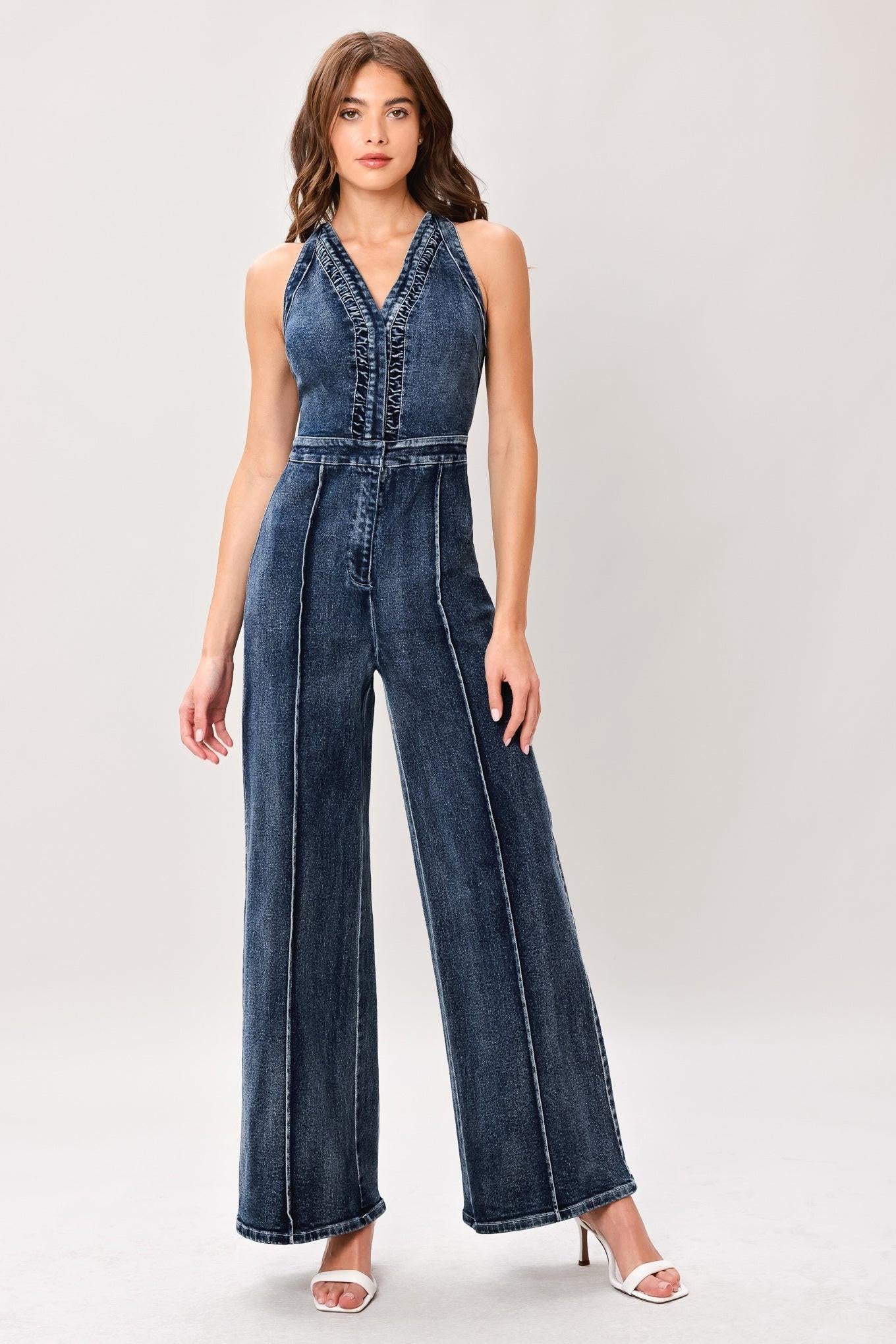 Cool Structure Denim Jumpsuit in dark indigo, view 2 — Soul Flow Apparel