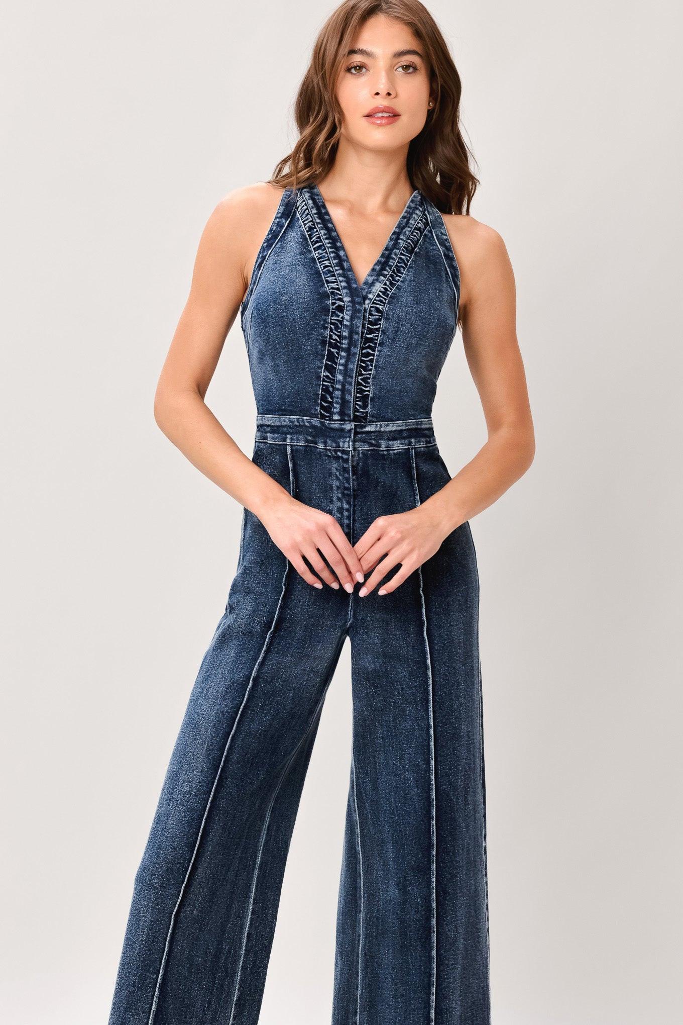 Cool Structure Denim Jumpsuit in dark indigo, view 3 — Soul Flow Apparel