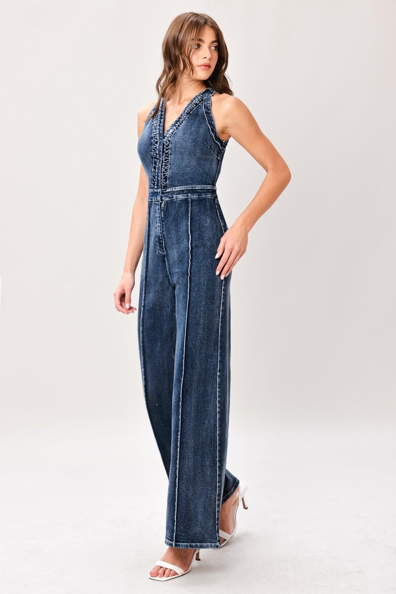 Cool Structure Denim Jumpsuit in dark indigo, view 4 — Soul Flow Apparel