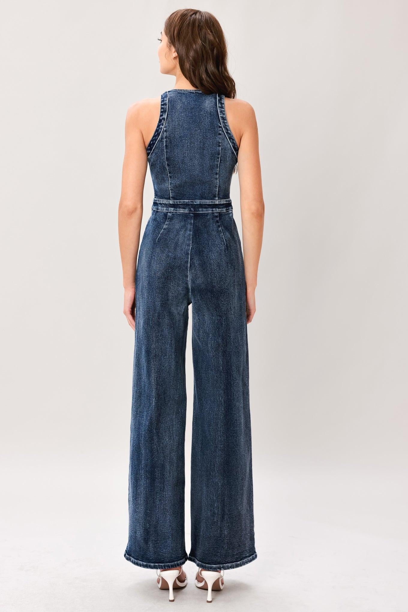 Cool Structure Denim Jumpsuit in dark indigo, view 6 — Soul Flow Apparel