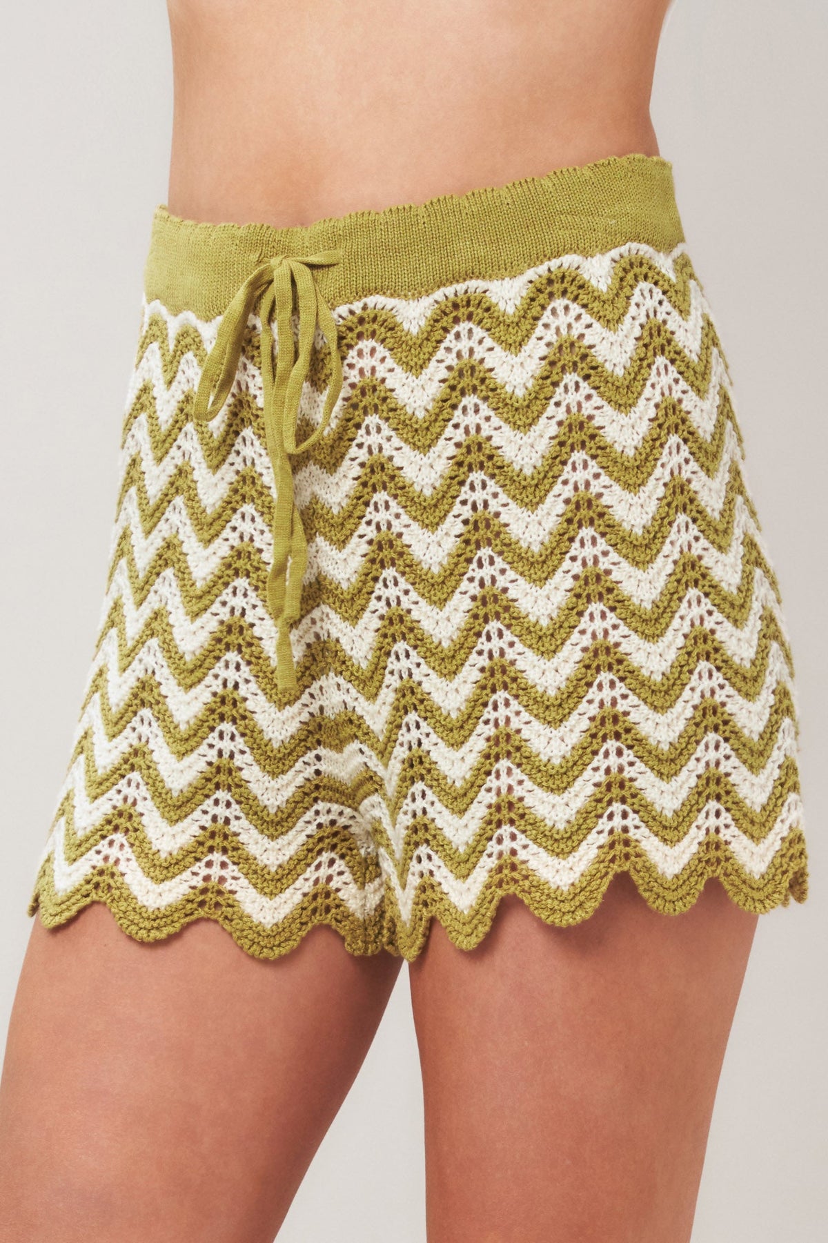Sunset Stitch Crochet Knit Shorts in olive white, view 4 — Soul Flow Apparel