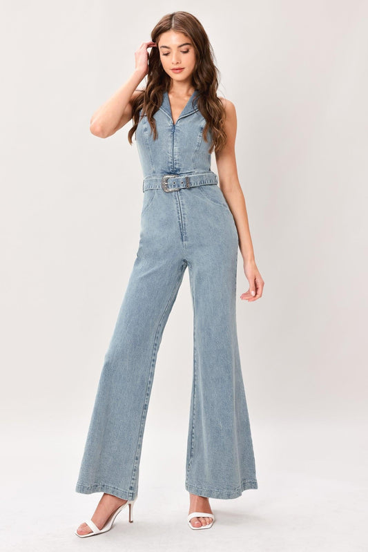 Flare Icon Denim Jumpsuit in medium indigo, view 1 — Soul Flow Apparel
