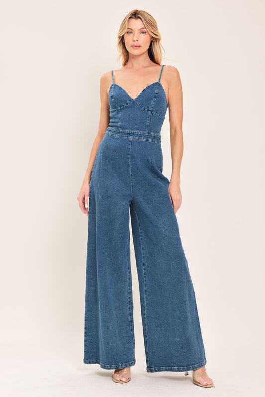 Just A Feeling Denim Jumpsuit in medium indigo, view 1 — Soul Flow Apparel