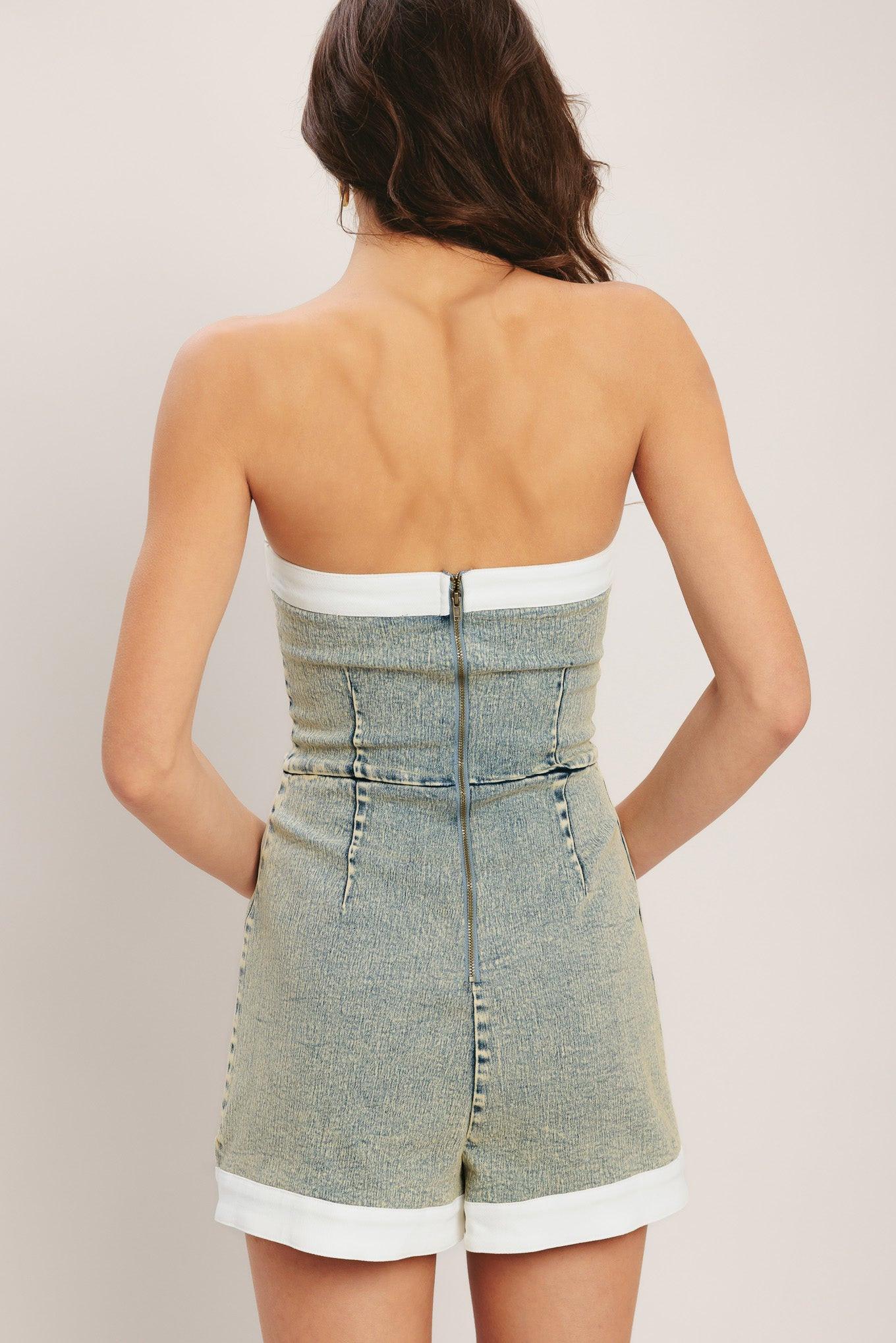 Yacht Club Acid Washed Skort Romper in washed denim, view 6 — Soul Flow Apparel