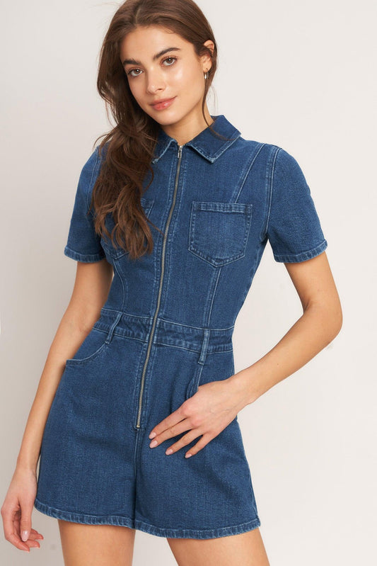 Casual Structure Denim Romper in medium indigo, view 5 — Soul Flow Apparel