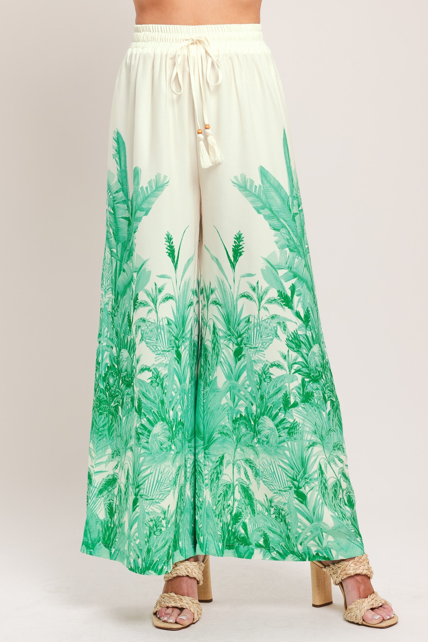 Palm Serene Woven Pants in ivory green, view 1 — Soul Flow Apparel