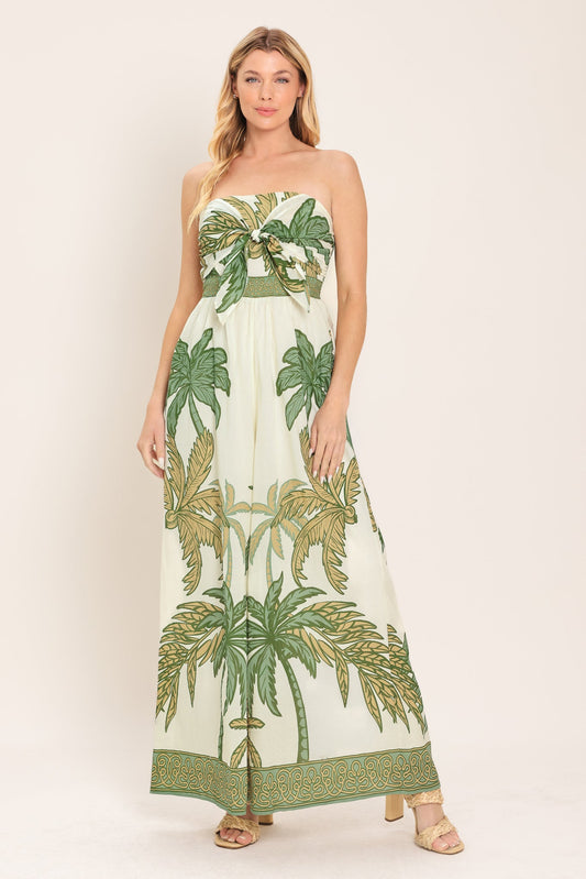 Palm Society Woven Jumpsuit in ivory olive, view 1 — Soul Flow Apparel