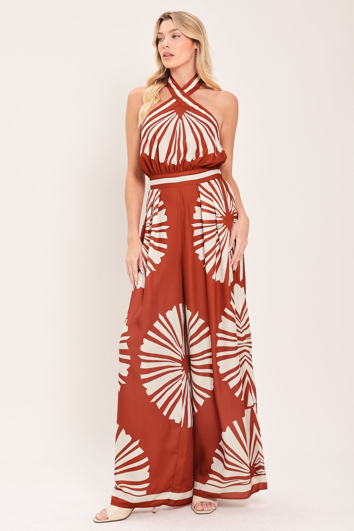Summer Radiance Woven Jumpsuit in terracotta, view 1 — Soul Flow Apparel