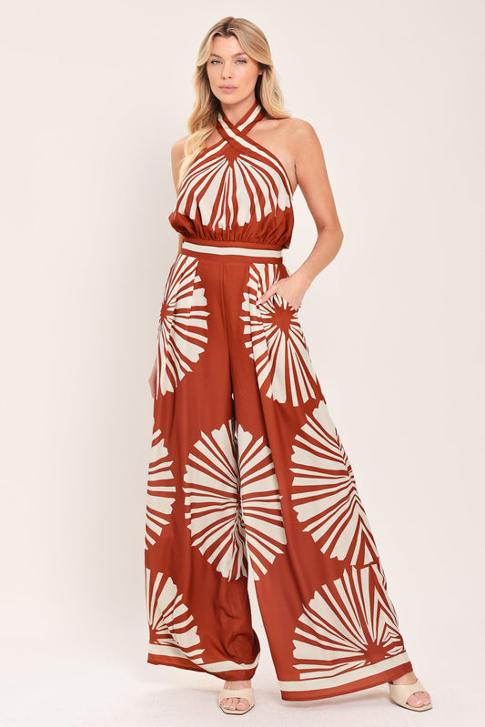 Summer Radiance Woven Jumpsuit in terracotta, view 2 — Soul Flow Apparel