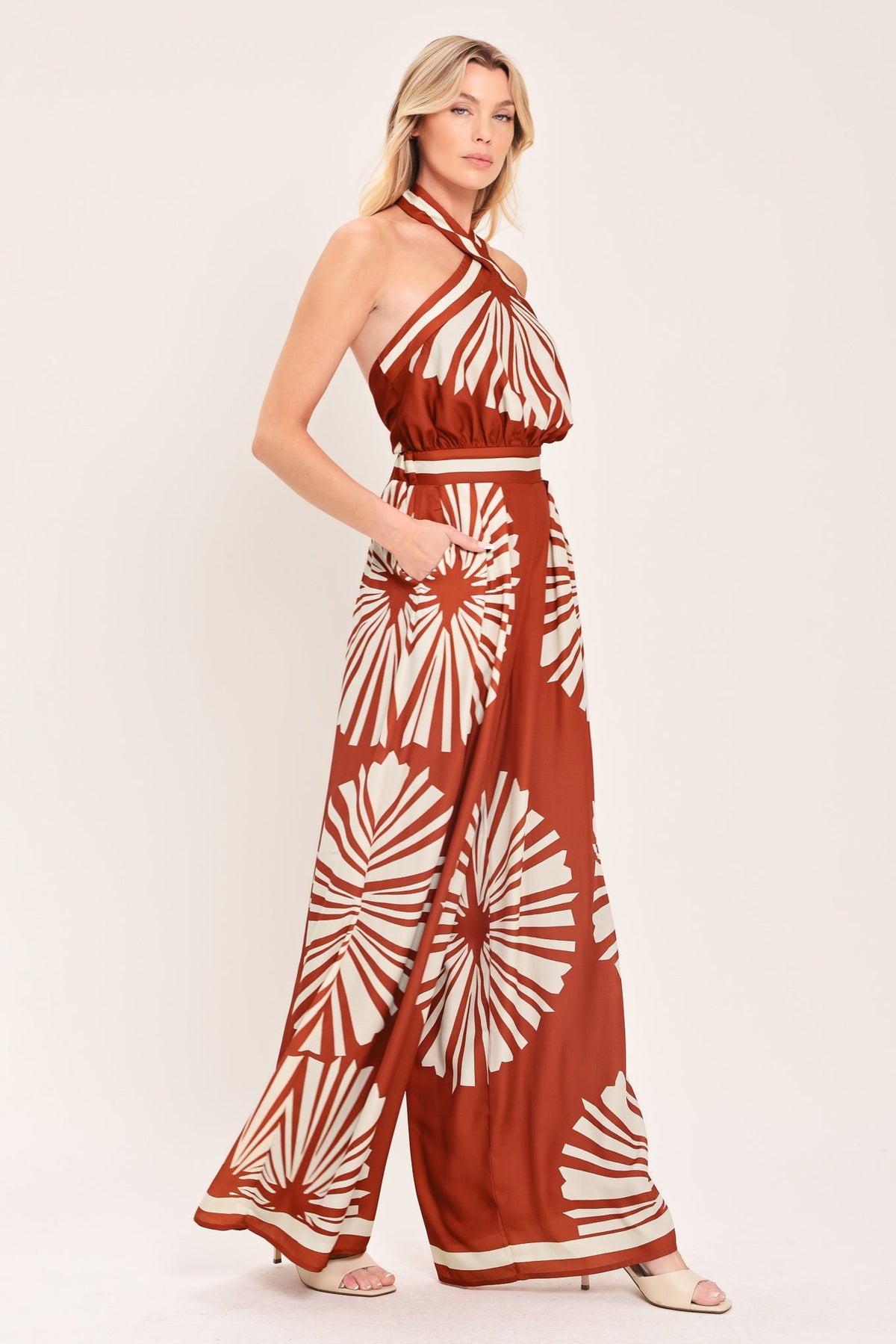 Summer Radiance Woven Jumpsuit in terracotta, view 3 — Soul Flow Apparel