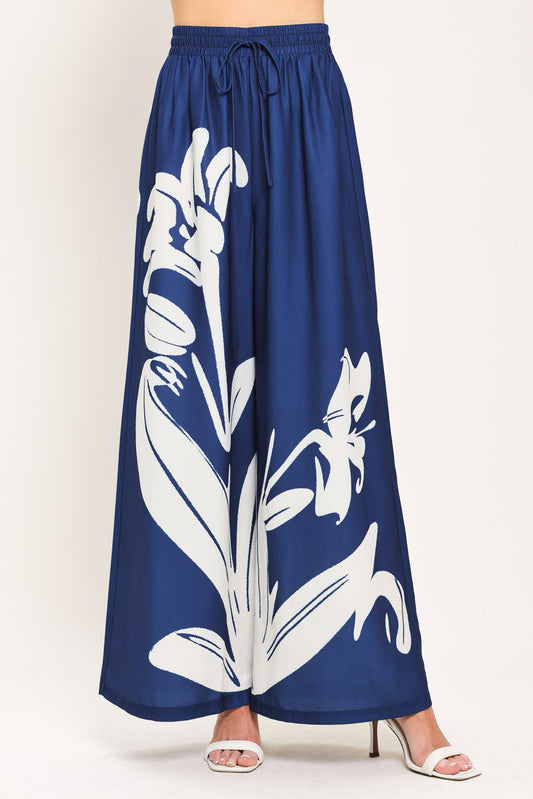 Coastal Bloom Woven Wide Pants in navy, view 1 — Soul Flow Apparel