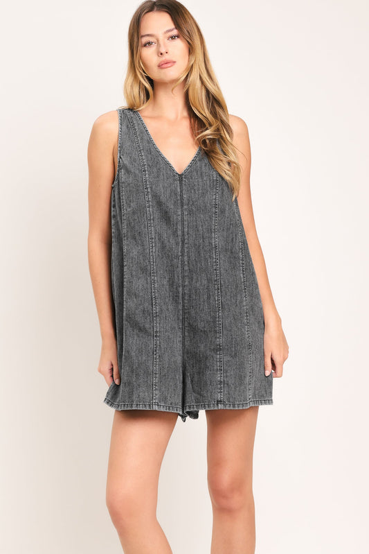 Cool Sweet Lightweight Denim Romper in grey denim, view 1 — Soul Flow Apparel