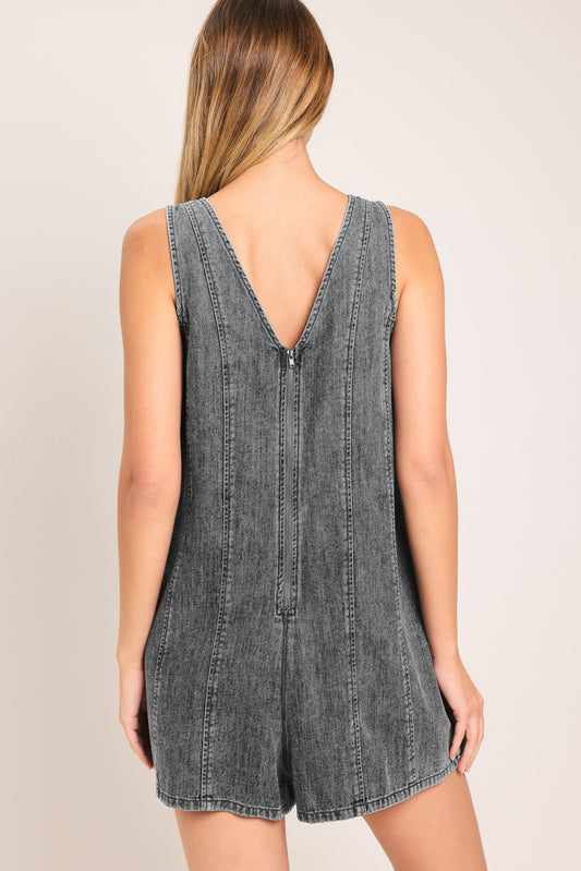 Cool Sweet Lightweight Denim Romper in grey denim, view 6 — Soul Flow Apparel