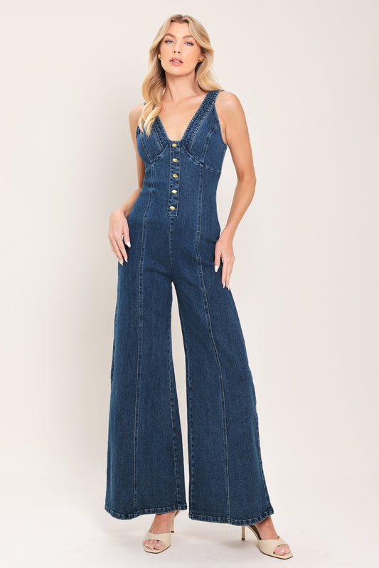 Urban Indigo Denim Jumpsuit, view 1 — Soul Flow Apparel