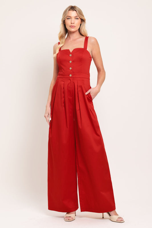 Black Tie Romance Woven Jumpsuit in red, view 1 — Soul Flow Apparel