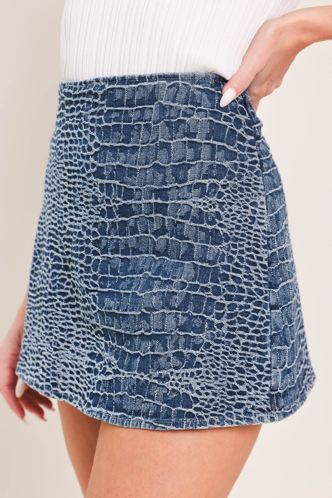 Croco Chic Denim Skort in indigo denim, view 4 — Soul Flow Apparel